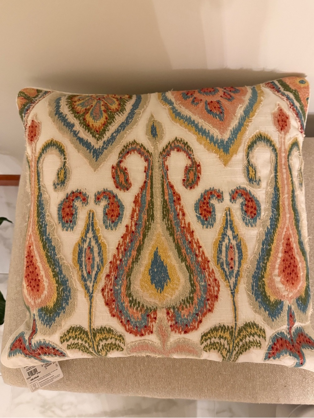 Pottery Barn Cream Pillow 18x18 Cover Blue, Green, Yellow, Coral Paisley Embroid